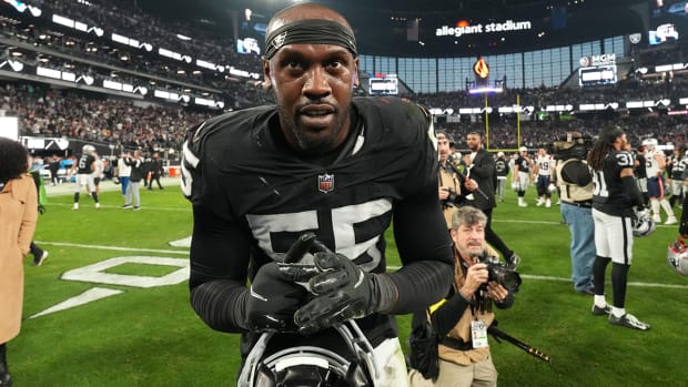 Las Vegas Raiders defensive end Chandler Jones celebrates his team’s win over the New England Patriots on Dec. 18, 2022.